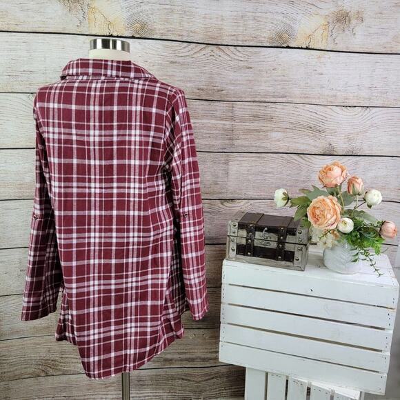 Andree by Unit Lauren Oversized Plaid‎ Top Burgundy Small - Picture 3 of 6